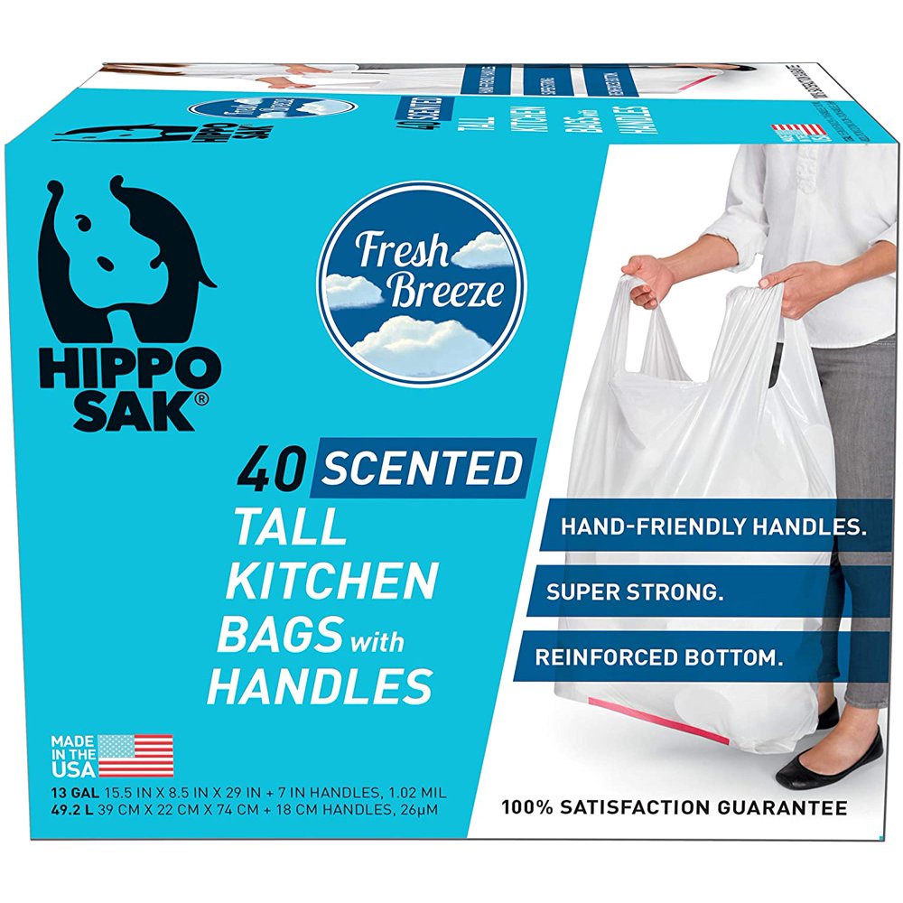 Hippo Sak Scented Handle Trash Bag, 13 gallon Tall Kitchen, Fresh
