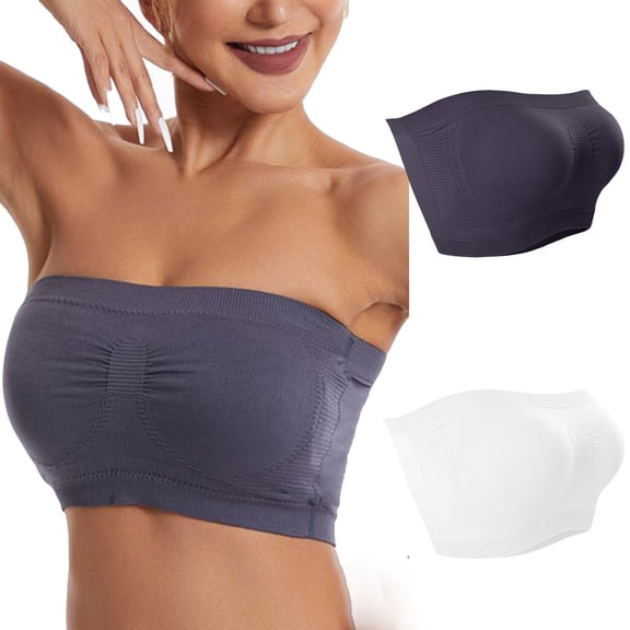 Rvasteizo Women 2PC Strapless Seamless Wireless Push Up Breathable Bandeau White Gray Cozy Everyday Bra