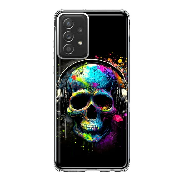 MUNDAZE Samsung Galaxy A53 Shockproof Clear Hybrid Protective Phone Case Fantasy Skull Headphone Colorful Pop Art Cover