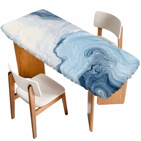 Blue Marble Table Cloths for 8 Foot Rectangle Tables, Summer Ocean Wave Blue Ombre Patio Waterproof Elastic Fitted Tablecloths, Washable Rectangular Table Cover for Camping