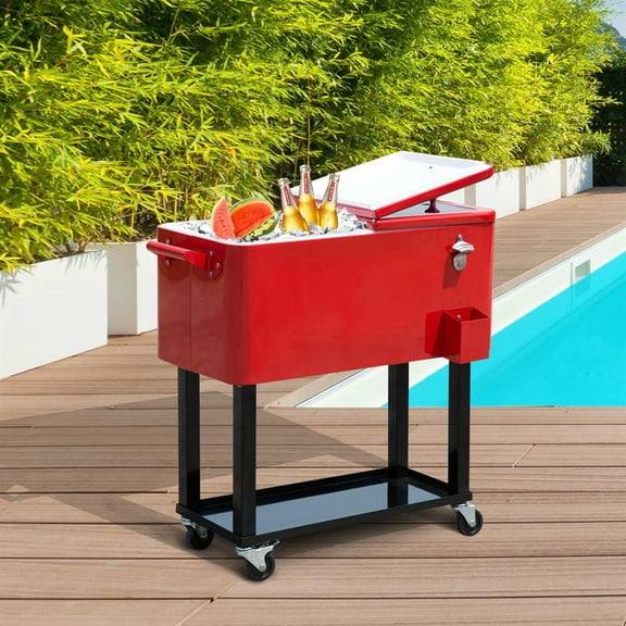Topcobe 80QT Rolling Cooling Cart - Outdoor Drink Cooler with Ice Chests on Wheels, Red Stand Up Drinking Station for Parties & Events
