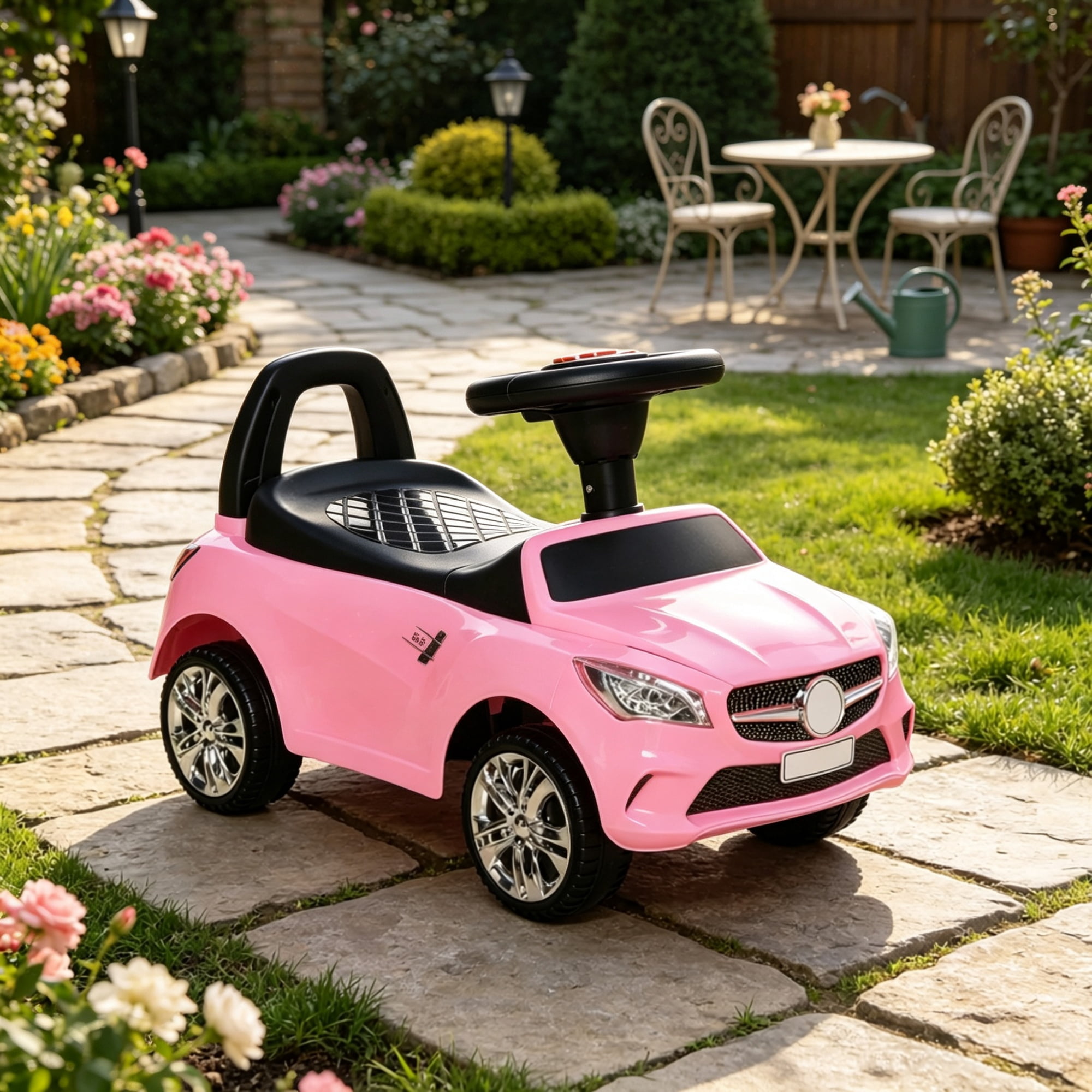 Toddler Foot-to-Floor Ride-On Push Car: Kids Sliding Walking Toy with Functional Horn, Music, Headlights & Hidden Storage Space, Pink