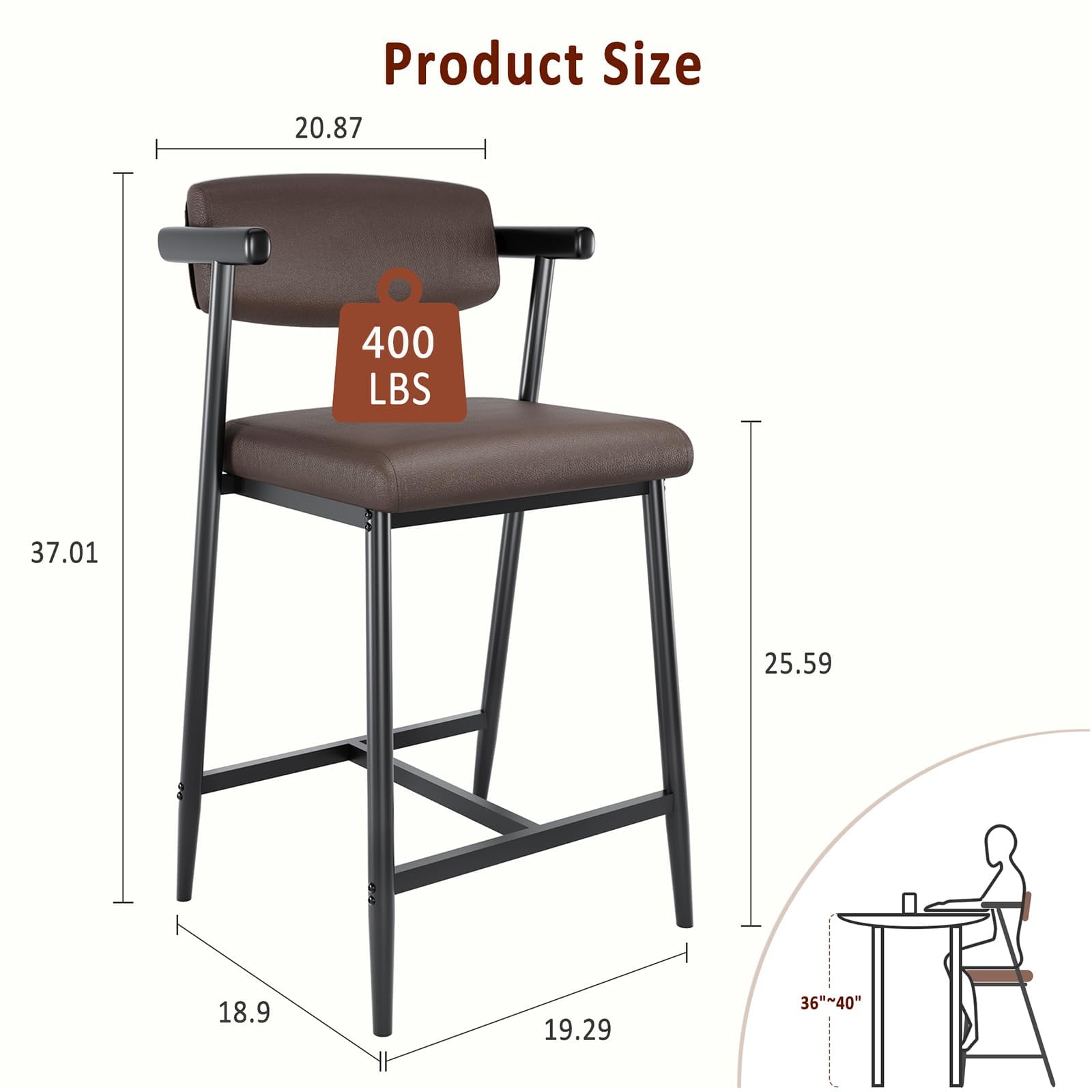 Towallmark 26.5 " Upholstered Counter Height Barstools, Wider Thickened Cushion Bar Stools Set of 4 with Armrest, Brown Leather