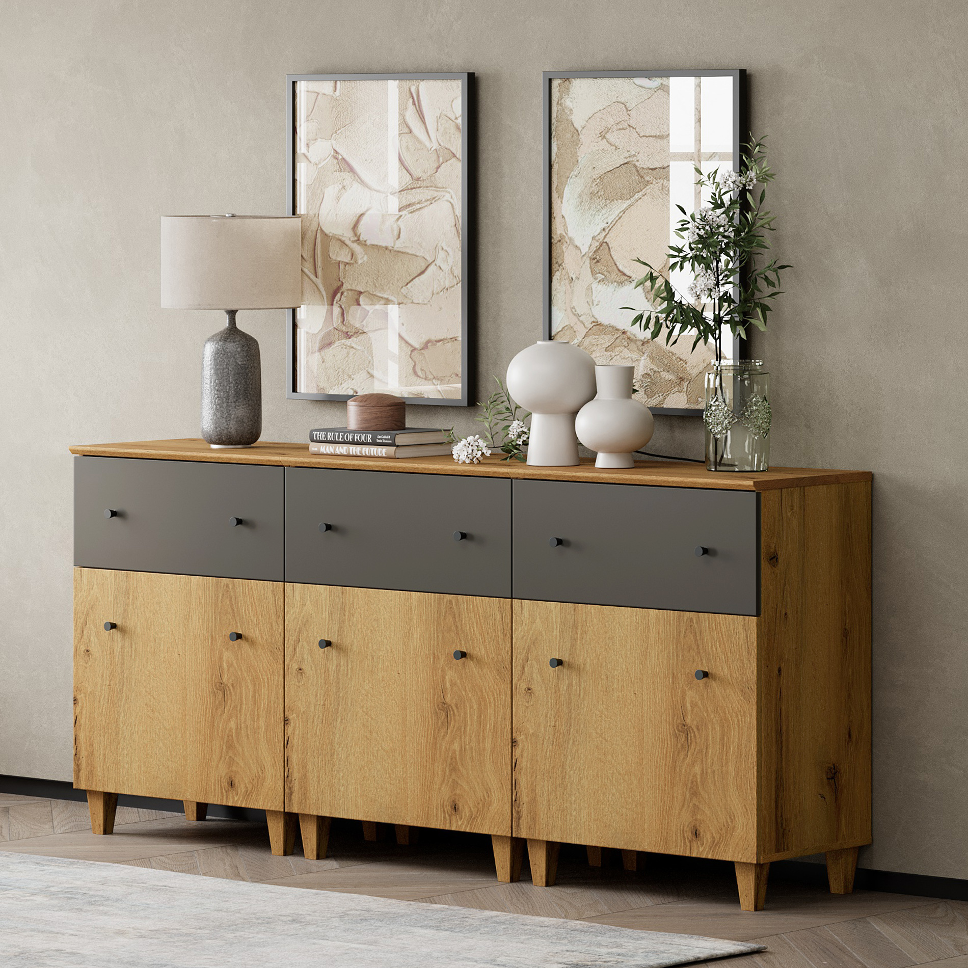 WAMPAT 3-in-1 Wood Dresser with 3 Drawers and 3 Cabinets for Bedroom, Modern Chest of Drawers, 71" Wide, Oak Brown&Dark Gray