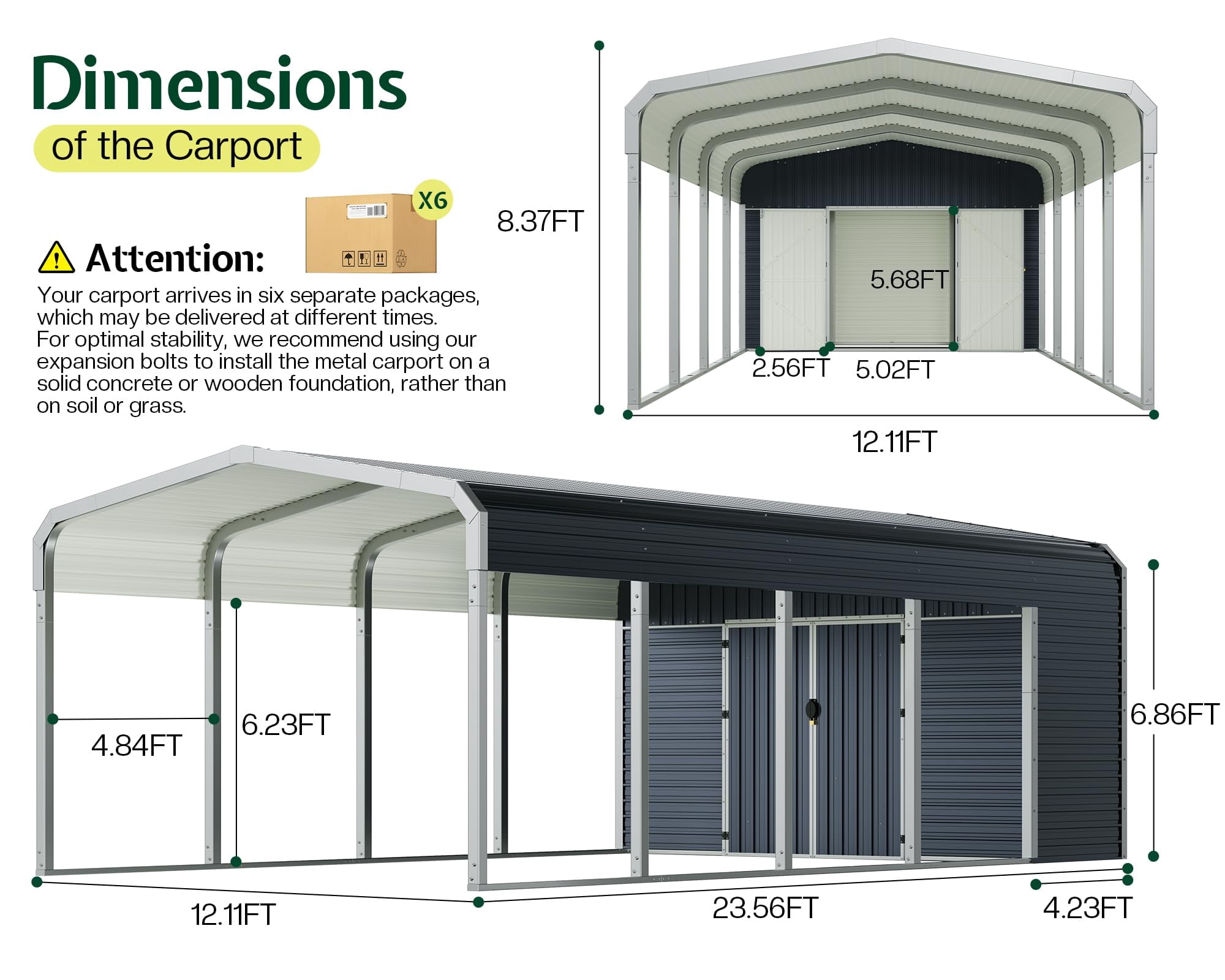 Jocisland 12'x24' 2-in-1 Carport & Storage Shed, Heavy Duty Carport with Galvanized Steel Roof, 2 Transparent Panels & Double Doors for Cars, Trucks