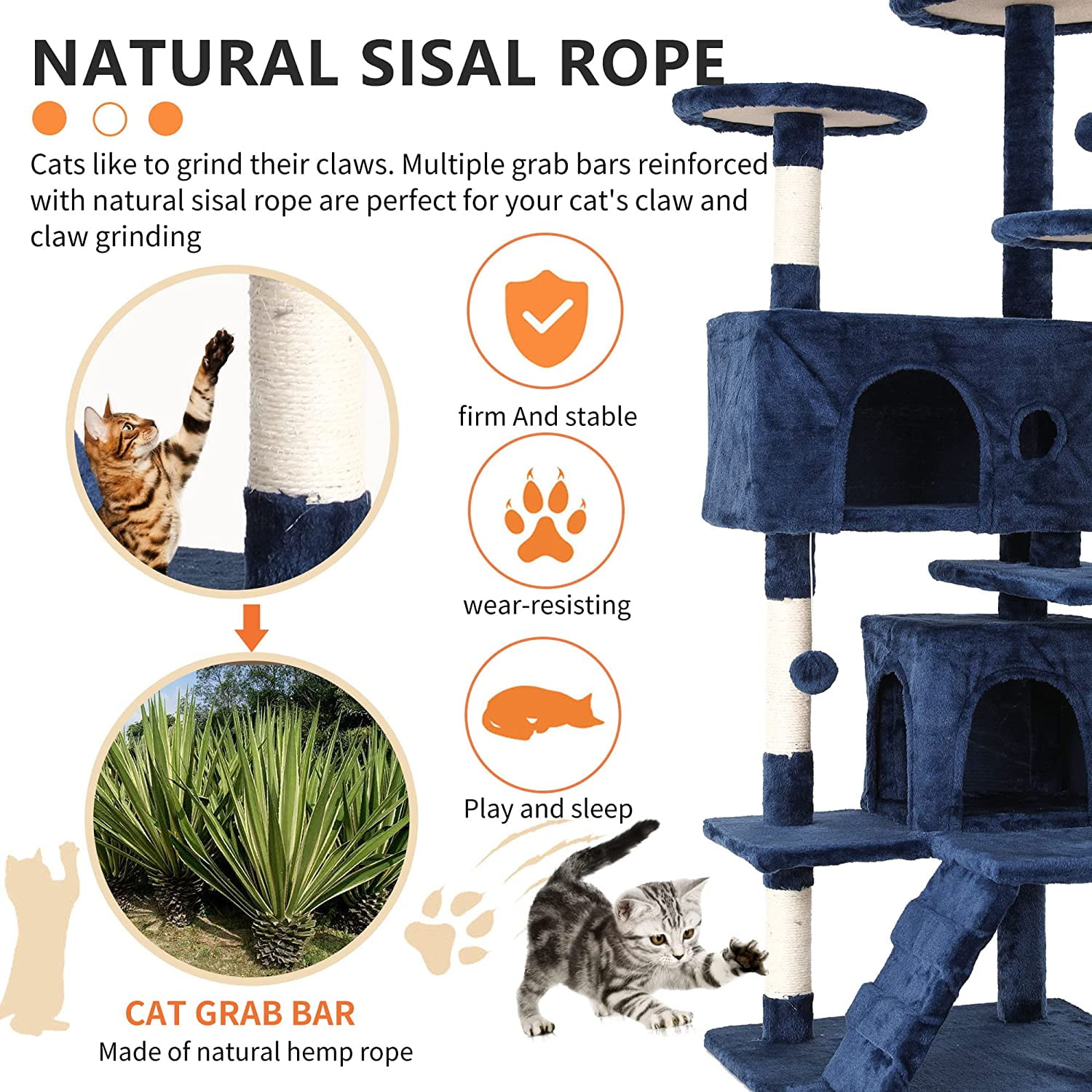 Bestpet 54-inch Cat Tree Tower, Standing House Cat Condo with Scratch Stay and Fun Toys, Navy Blue
