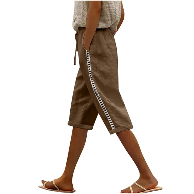 Pantalones de la Cintura Elástica de las Mujeres Medio Pantalones Cortos Botones de la Cintura Elástica de Verano Lino Bolsillos Pantalones, Lino de Algodón