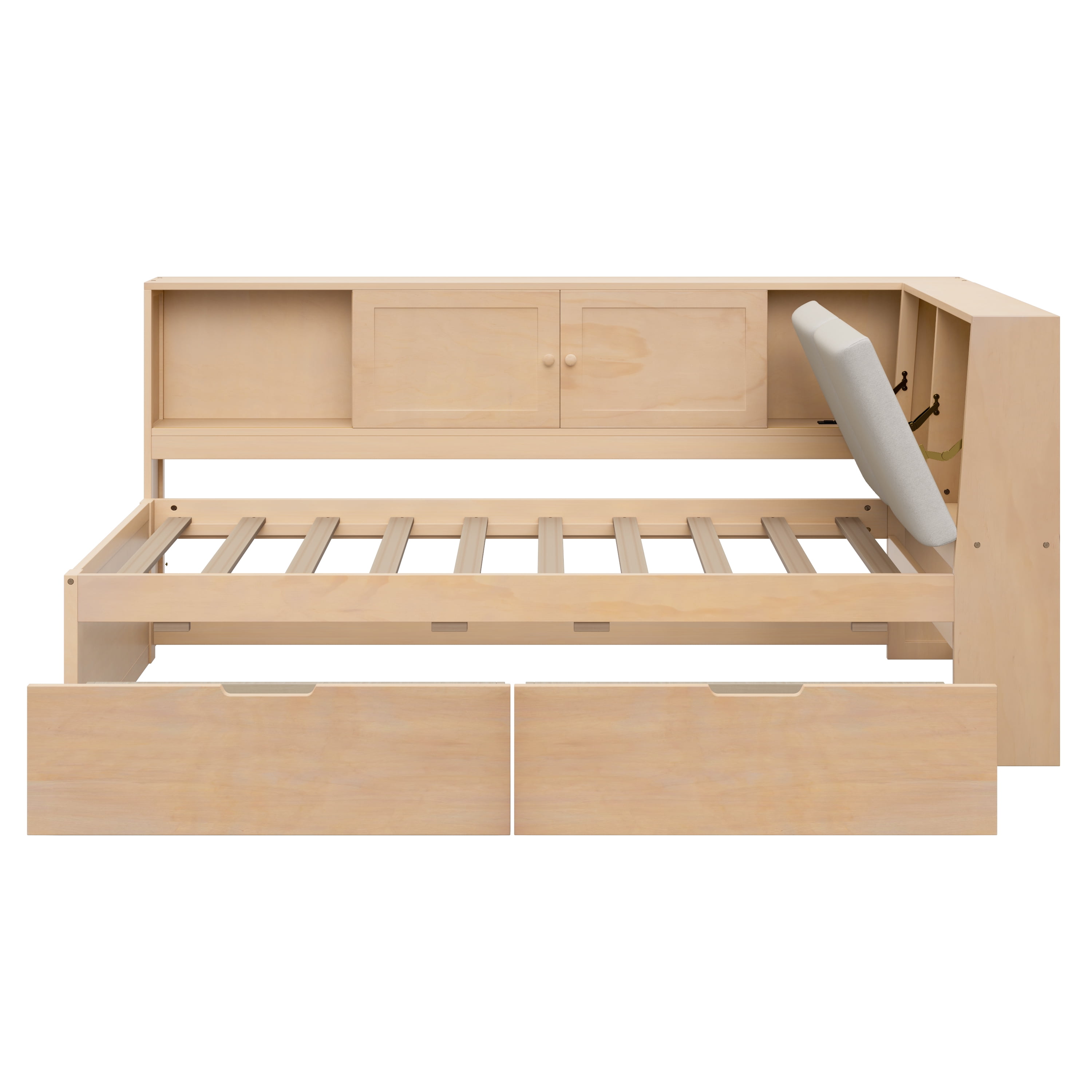 Mintazer Twin Size L-Shaped Corner Bed with Storage Drawers & Bookcase, Daybed with Upholstered Headboard & Charge Station for Home Bedroom Guest Room, Natural
