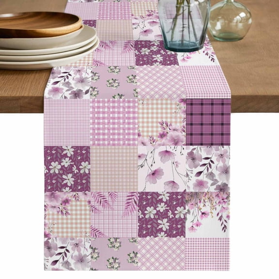 Boho Purple Flowers Table Runner, Spring Floral Botanical Patchwork Vintage Cotton Linen Table Runners 108 Inches Long, Dresser Scarf Runner for Dining/Living Room/Kitchen/Square Tables 13''x108''