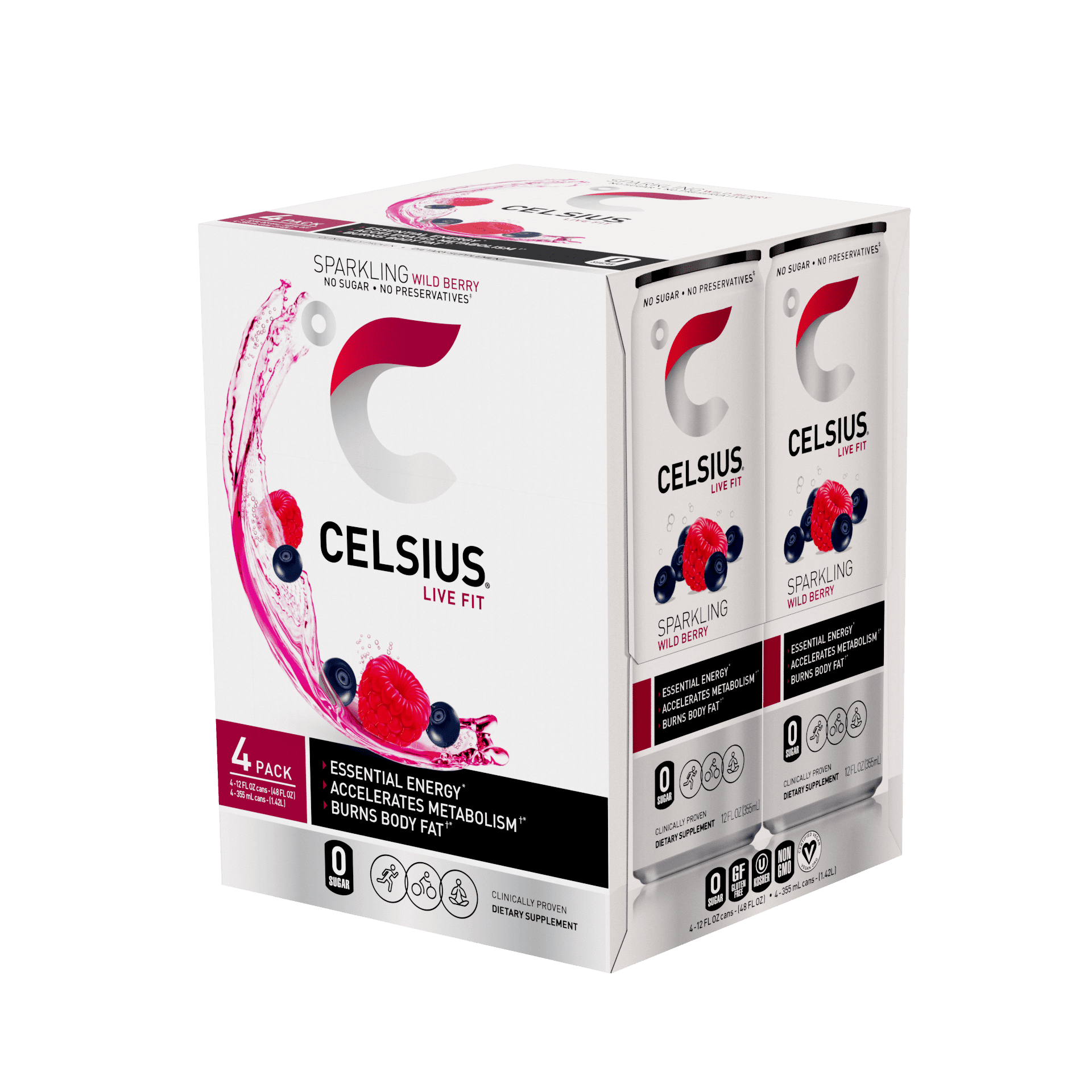 Celsius Sparkling Energy Drink No Sugar or Preservatives Wild Berry (4  Drinks, 12 Fl Oz. Each) - Walmart.com