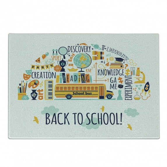 School Bus Cutting Board, Creation Discovery Knowledge Experiment Art Reading Sport Doodle with Typography, Decorative Tempered Glass Cutting and Serving Board, in 3 Sizes, by Ambesonne