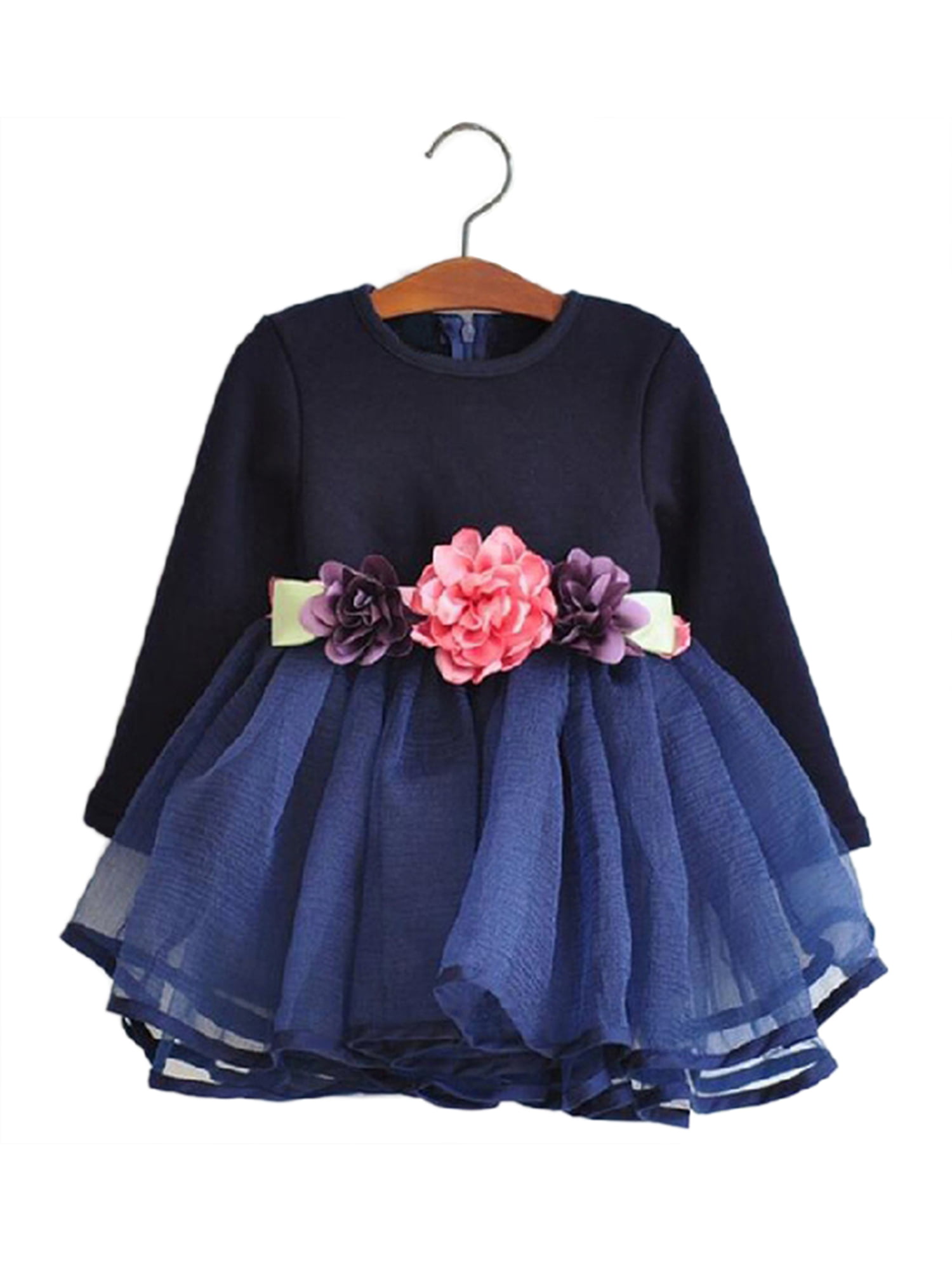 Kids Toddler Flower Waist Fluffy Girl Dress (5-6 Years, Navy Blue ...