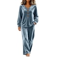thumbnail image 2 of BRELIL Women Velvet V Neck Long Sleeve Pullover Tops Wide Leg Pants Two Piece Lounge Matching Set Casual Loose Solid Vacation Travel Outfits, Sky Blue M, 2 of 7