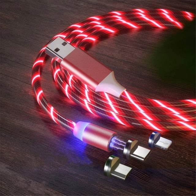 Magnetic Charging Cable for Micro USB / iOS / Type C Fluid LED Light, 3 in 1 1M Charger Magnetic Electric Wire 360 Rotary USB with LED Light for Phone - 3in1 & Red