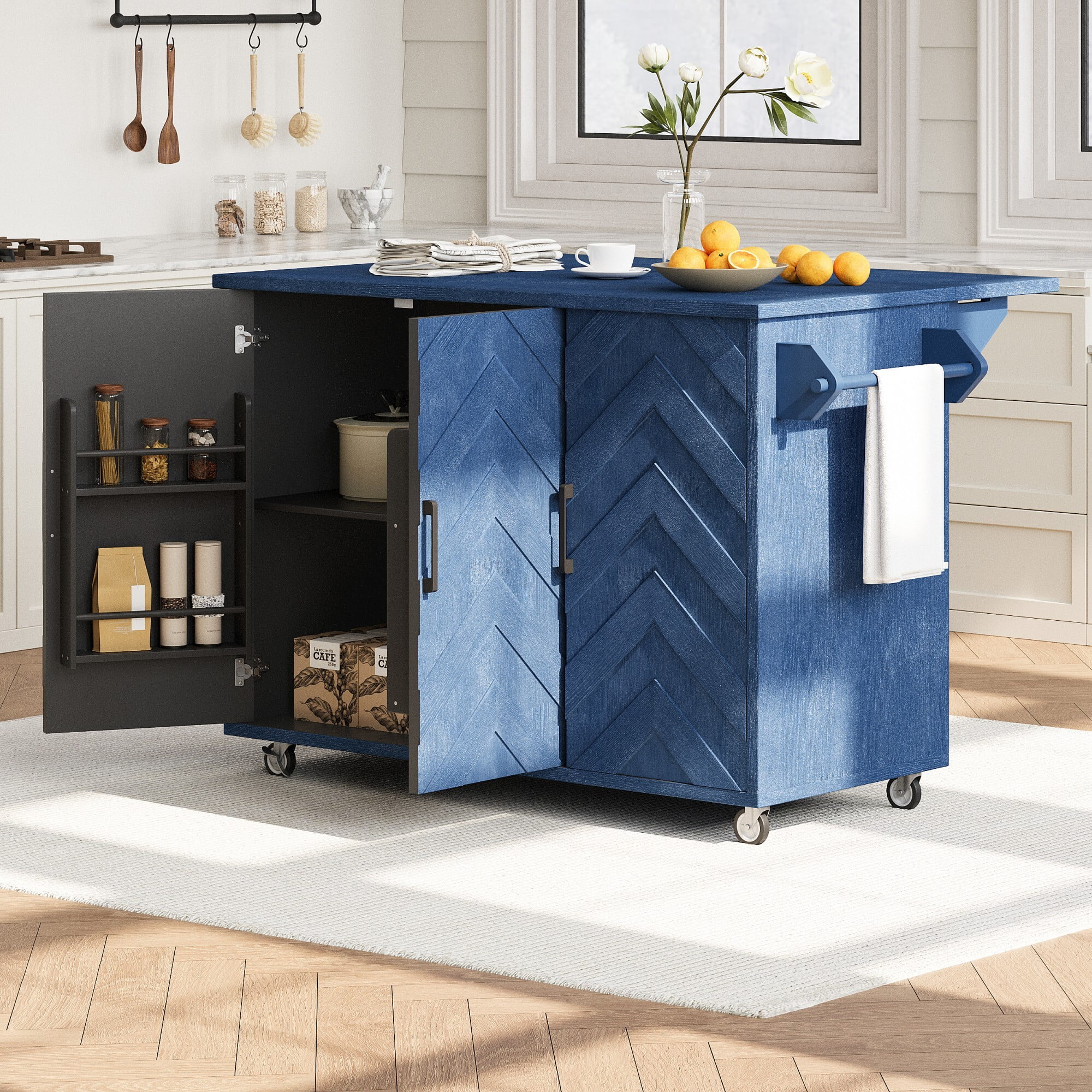 AENKYO 51.2"W 3D Wave Stripes Ash Veneer (Not Cheap Paper) Kitchen Island with Drop Leaf, Farmhouse Kitchen Island on Wheels with Internal Storage Rack, Rolling Kitchen Cart for Dining Room(Blue)