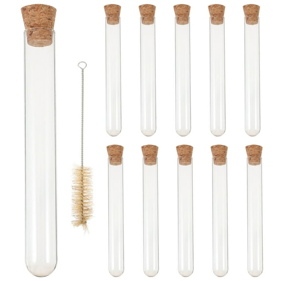 Set of 10 Clear Glass Test Tubes with Cork Stoppers 20x150mm for Science, Crafts, Storage, and Projects