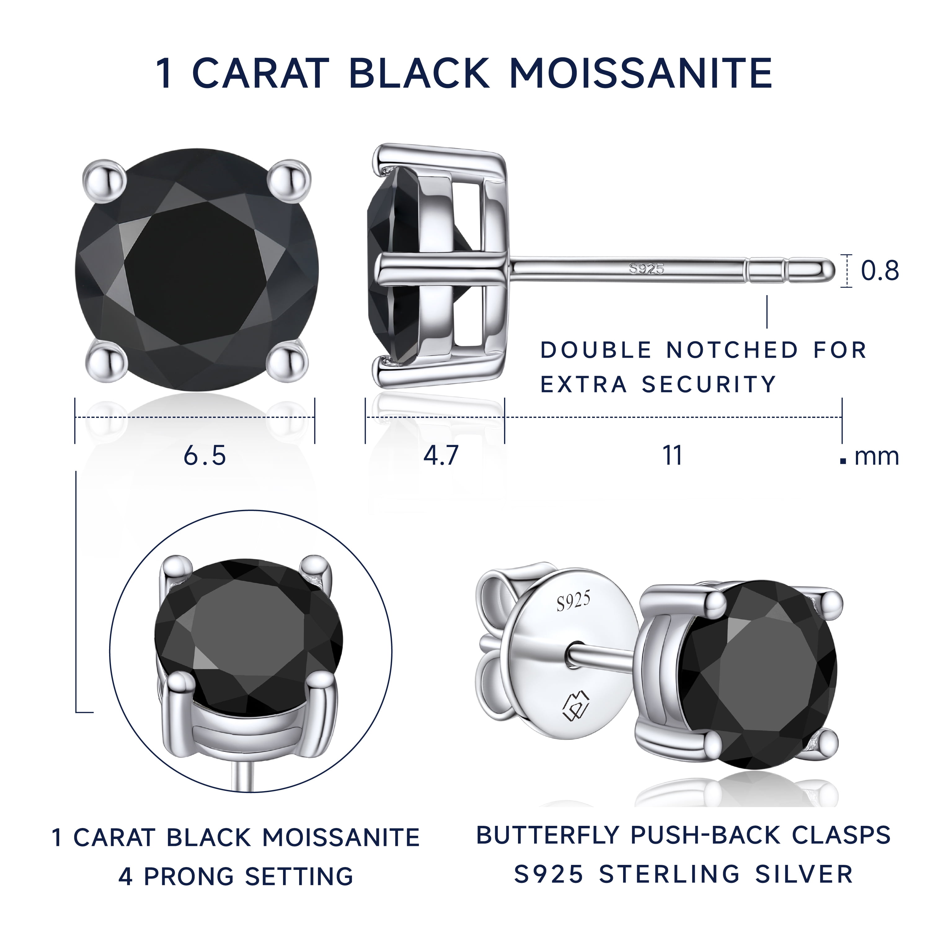 MomentWish Black Moissanite Stud Earrings for Men,2 Carat D Color VVS1 Simulated Diamond 925 Sterling Silver Solitaire Earrings