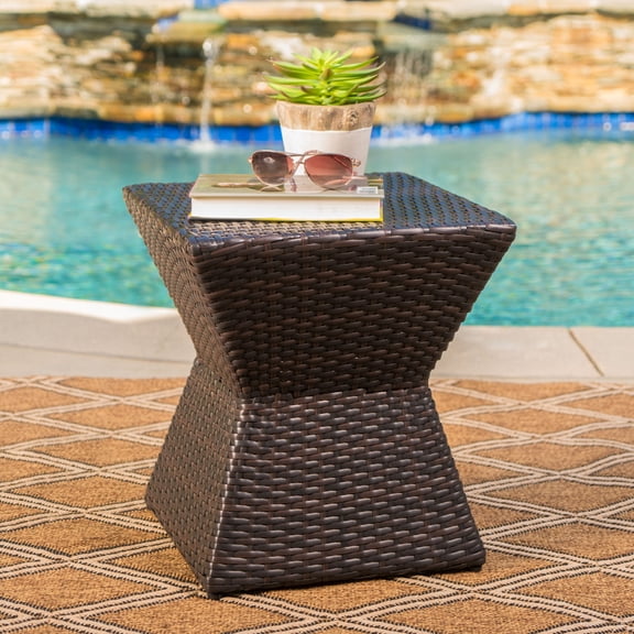 Calahan Outdoor 16" Wicker Square Side Table, Brown