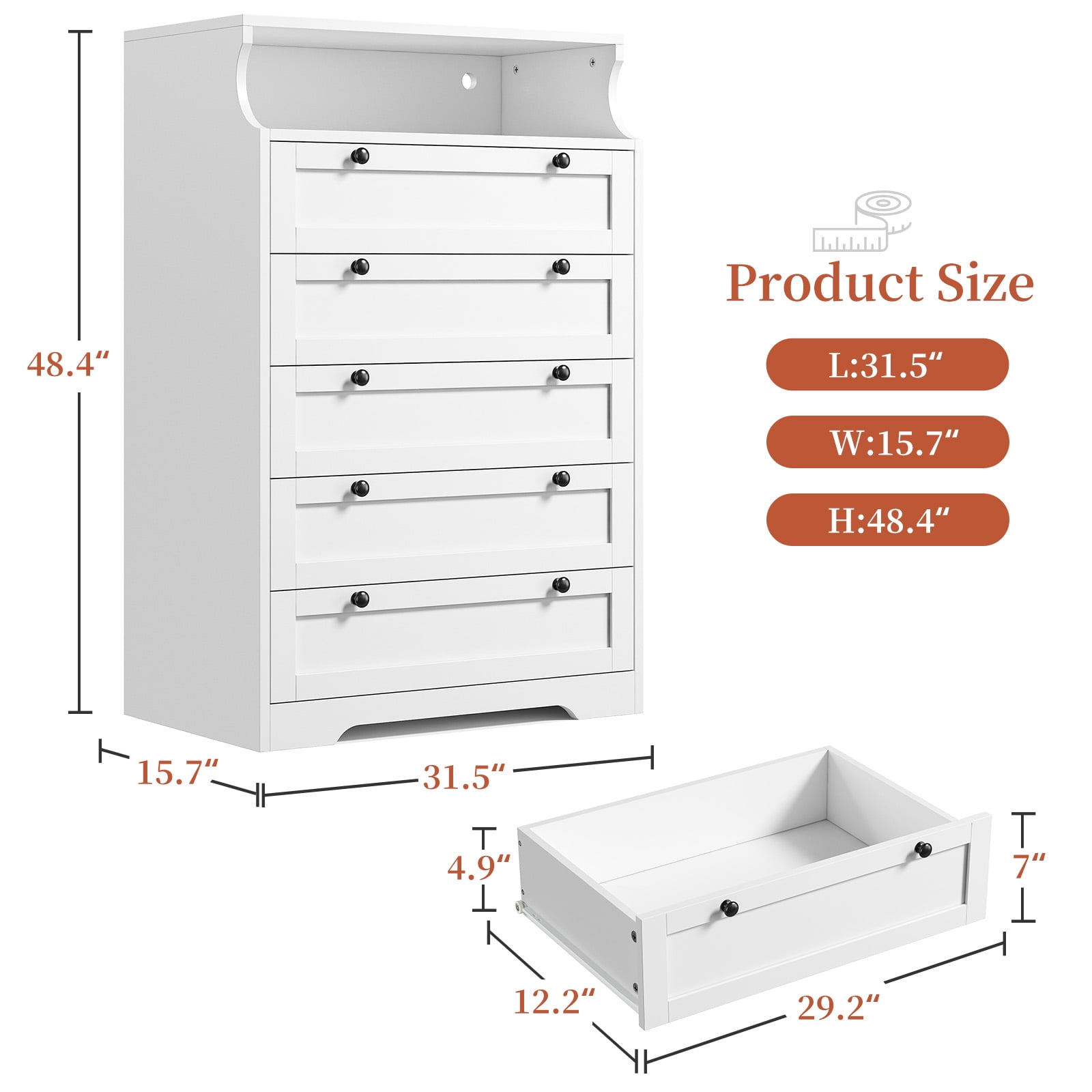 EnHomee White 5 Drawer Dresser with LED Light, 31.7"L x 15.9"W x 48.6"H, Modern Bedroom Furniture
