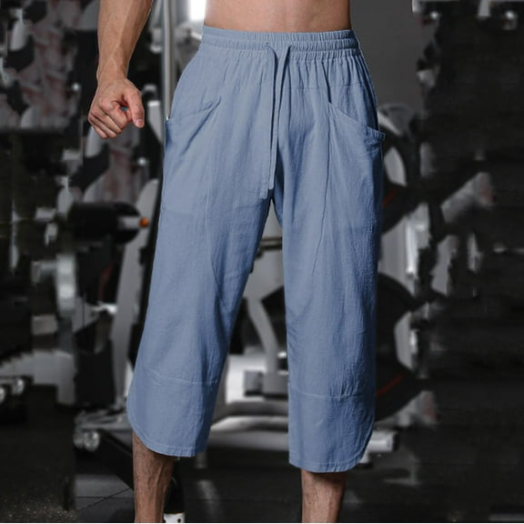 Wancir Men's Long Linen Shorts Below Knee Pocketed 3/4 Summer Drawstring Capri Pant