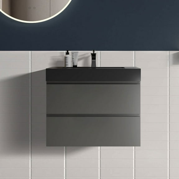 CITTANEO 30 inch Floating Bathroom Vanity with Black Sink, Modern Bathroom Cabinet in Gray