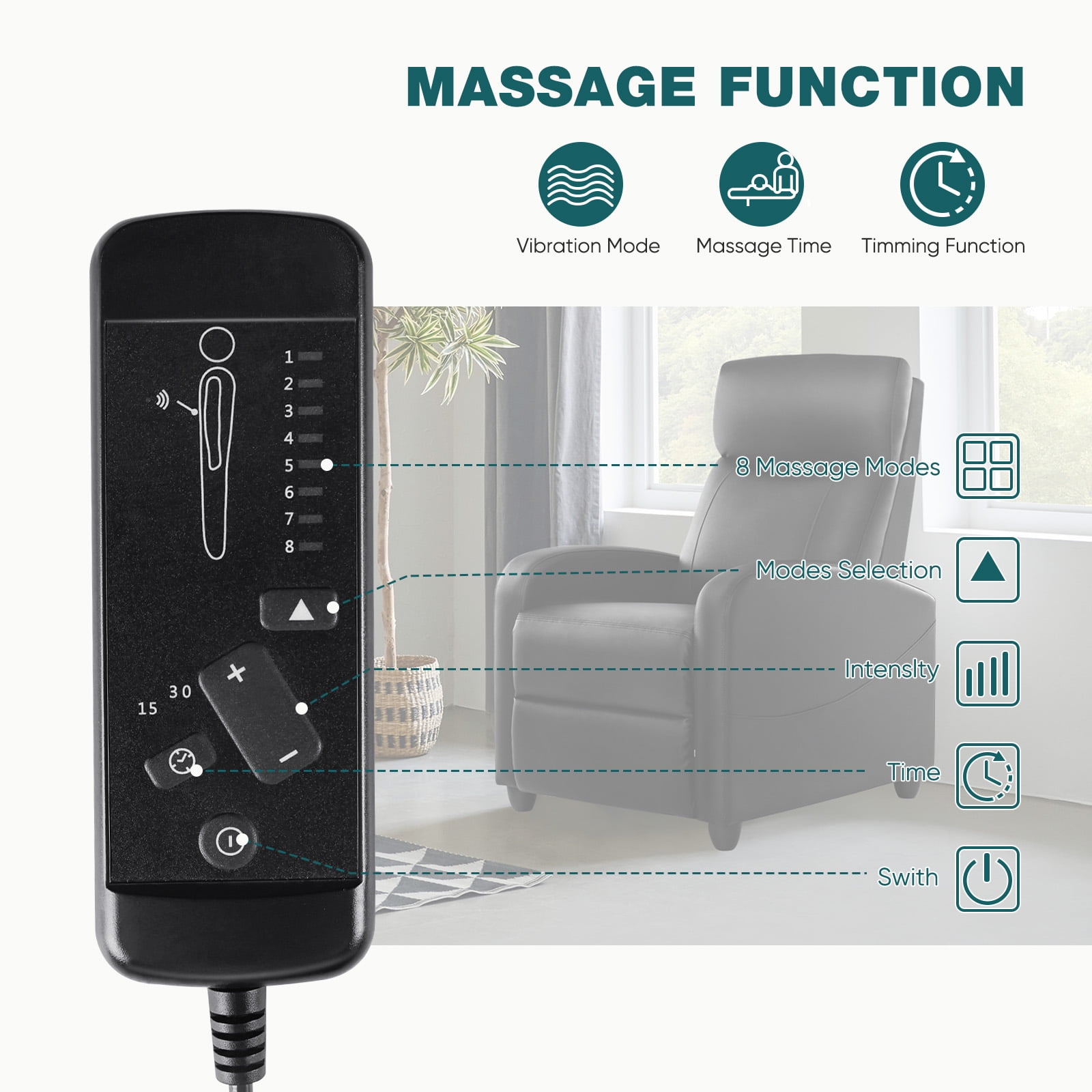 CONCETTA Vibration Massage Recliner Chair for Living Room, Home Theater, Small Sofa with 160-Degree Reclining Angle, 275lb Capacity, Black