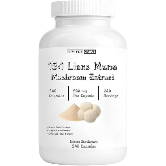 Freeze-Dried Lion’s Mane Mushroom 15:1 Extract Capsules, 500mg, 240 Count – Cognitive Support, Immune Boost, Non-GMO, Gluten-Free Supplement for Men & Women
