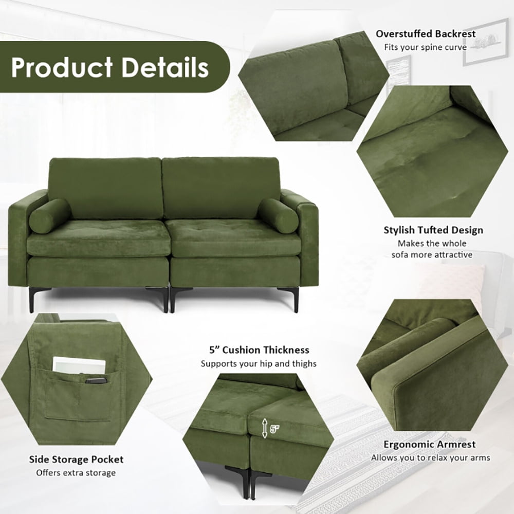 Finihen Sectional Sofa Couch, Loveseat Sofa, Modern Loveseat Sofa with 2 Bolsters and Side Storage Pocket, for Living Room, Army Green Finihen Sectional Sofa Couch, Loveseat Sofa, Modern Loveseat Sofa with 2 Bolsters and Side Storage Pocket, for Living Room, Army Green