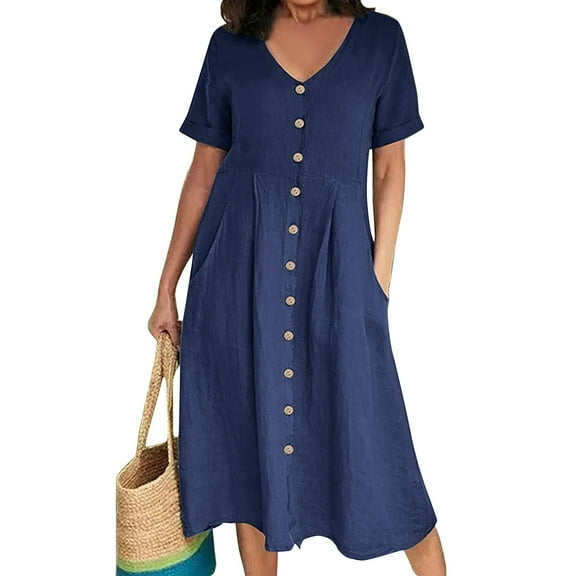 SnnmBlm Women's Casual V Neck Buttons Down Front Short Sleeve Loose Fit Midi Dress Dark Blue 4XL