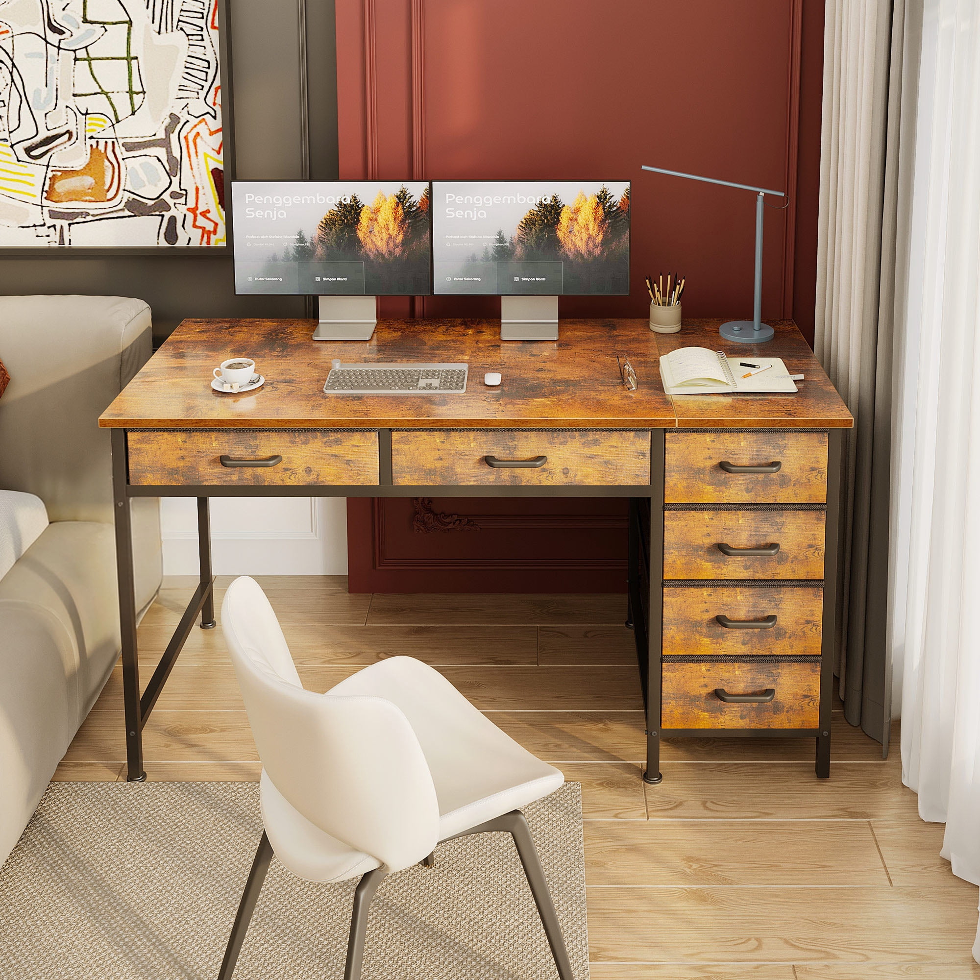 Casacomoda 48" Home Office Desk with 6 Drawers, Modern Computer Desk with Small Space, Corner Computer Desk, Vintage
