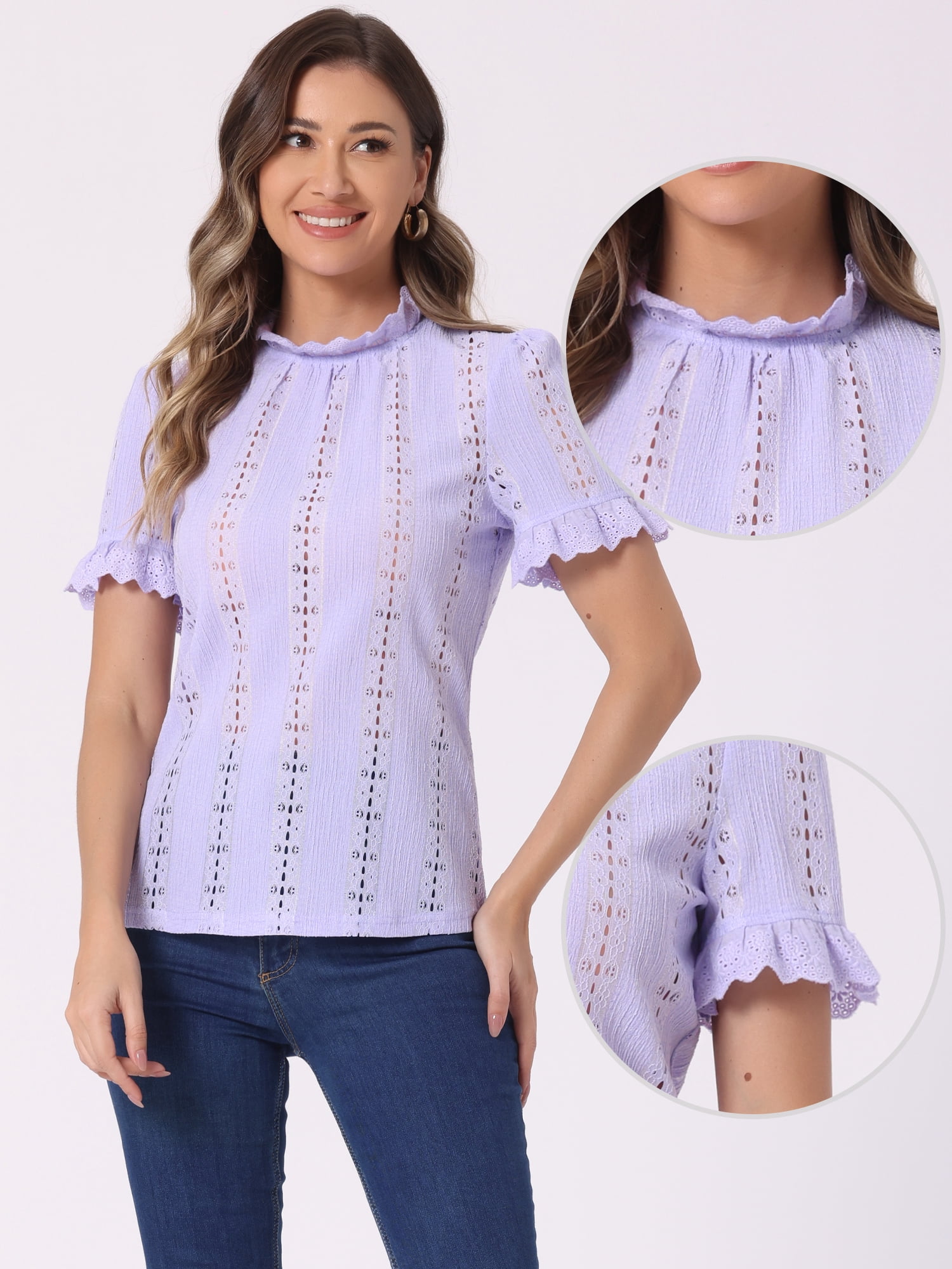 DARING DIVA Women's Mock Neck Puff Sleeve Ruffle Crochet Eyelet Tops S Light Purple