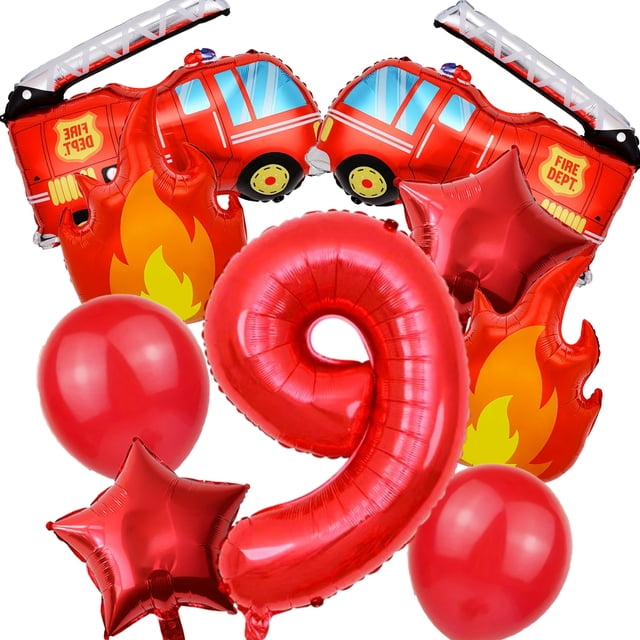 Ensemble de 9 Ballons de Feu Camion de Pompiers 32 Pouces Chiffres Rouges 0-9 Ballons d'Anniversaire Pompier Décorations de Fête Fournitures de Fête de Festival