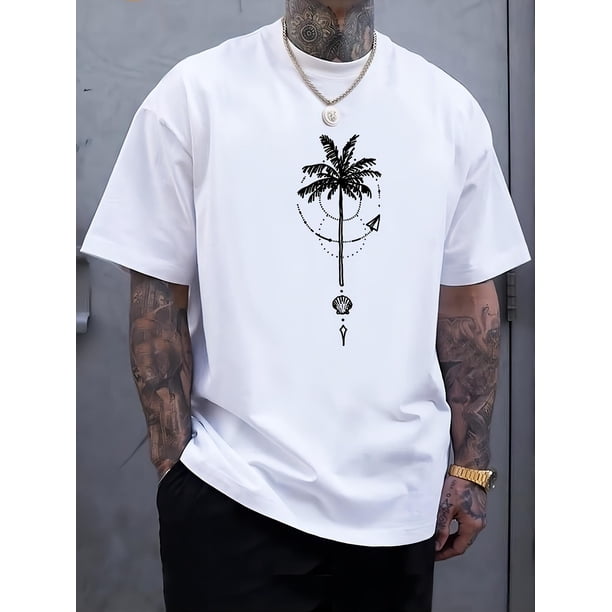Camiseta de manga corta con cuello redondo y estampado gráfico de cocoteros para hombre, moderna camiseta de verano, informal, cómoda y versátil para deportes al aire libre y vacaciones. Ideal para ad
