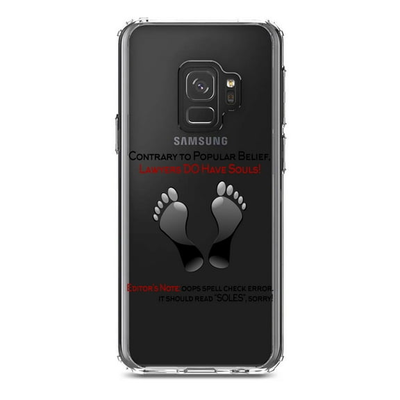 DistinctInk Clear Shockproof Hybrid Case for Samsung Galaxy S9 (5.8" Screen) - TPU Bumper Acrylic Back Tempered Glass Screen Protector - Lawyers DO Have Souls Oops Soles