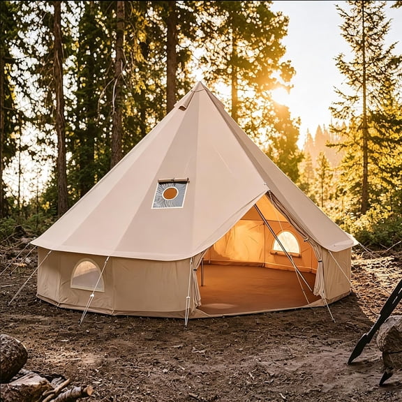 4 Season Canvas Bell Tent – Yurt Hot Tent with Stove Jack, PVC Base & Mesh Windows – Glamping Tent for Camping, Family, Party, Outdoor, 4 Sizes Available