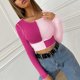 thumbnail image 4 of Camisa de empalme con cuello redondo y bloque de color de manga larga con ribete de volantes informal para mujer Rose Red L, 4 of 6