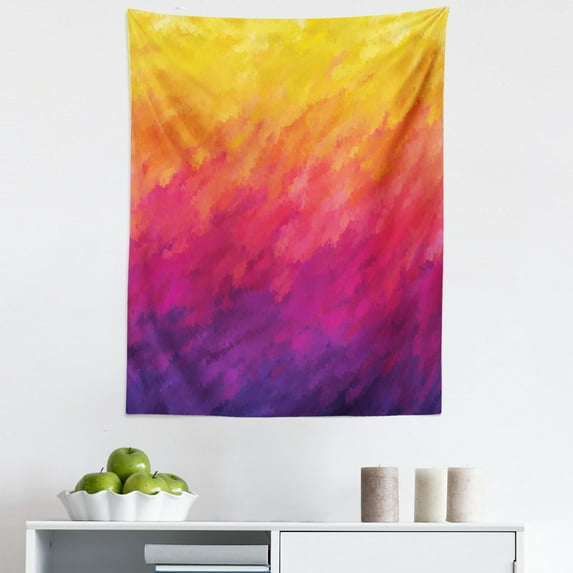 Abstract Tapestry, Watercolor Style Ombre Effect Hand Drawn Brush Strokes in Warm Tones, Fabric Wall Hanging Decor for Bedroom Living Room Dorm, 5 Sizes, Purple Orange and Yellow, by Ambesonne