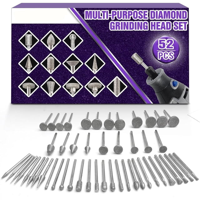 Juego de tallado de piedra con broca de diamante compatible con Dremel, kit de pulido de 52 piezas con brocas de diamante, vástago de 1/8" (3mm), accesorios para tallado de piedra, vidrio, cerámica