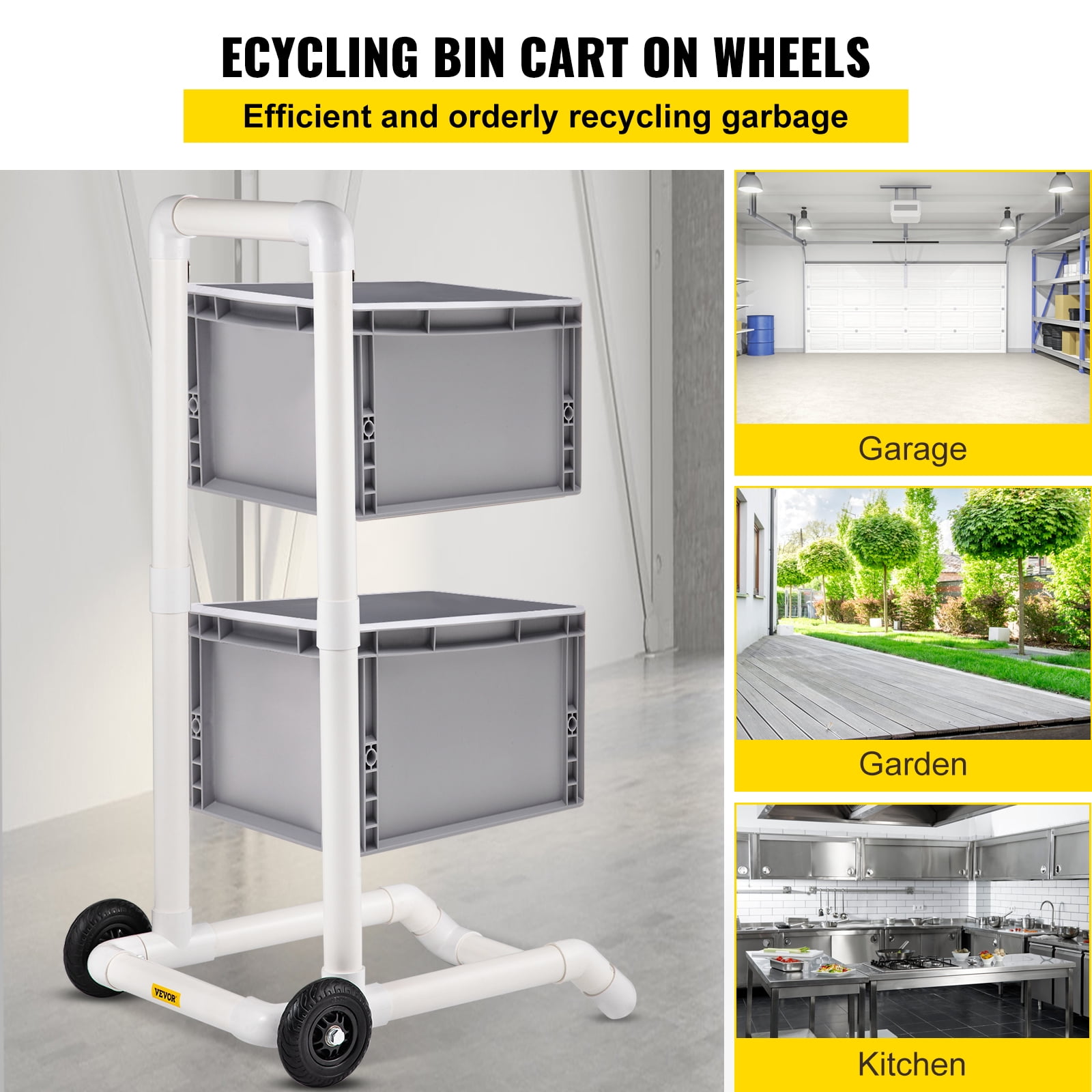 VEVOR Recycling Cart, 2 PVC & Plastic Heavy Duty Moving Bin Cart with 4  Wheels, Frame-Type Easy Assembly and No Tools Required, Weatherproof Trash  Holder for Simple Recycle Bin and Caddy, White