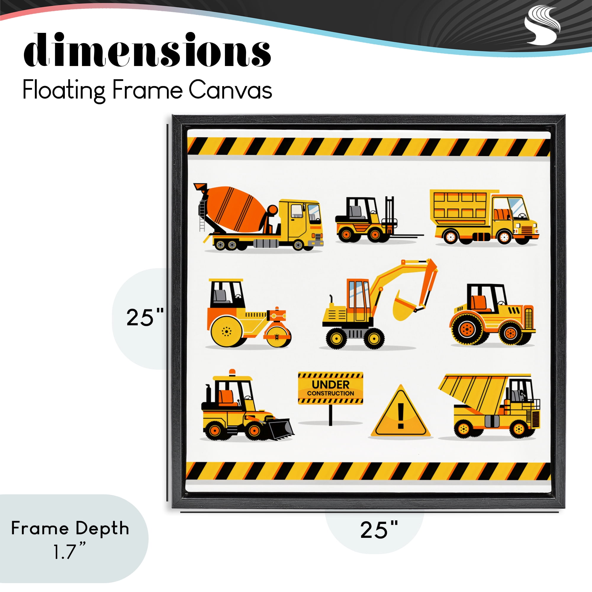Stupell Industries Construction Vehicles with Warning Black Framed Floater Canvas Wall Art, design by Creative Studio