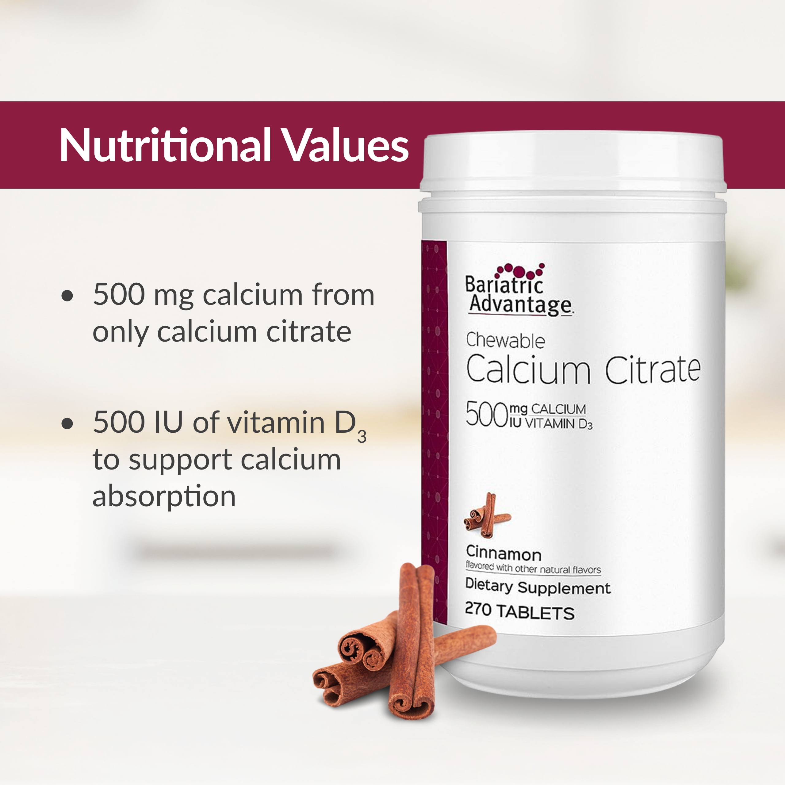 Bariatric Advantage Calcium Citrate Chewable 500 mg - For Bariatric Surgery Patients - High-Potency, Easy-Digest Tablets - Calcium Citrate - Bone Strength Supplements* - 270 Count - Cinnamon