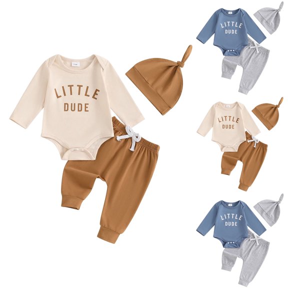 WUANDIXFA Little Dude Baby Boy Outfit Coming Home Clothes Long Sleeve Romper Bodysuit Shirt Top And Pants Set (Beige, 9-12 Months)