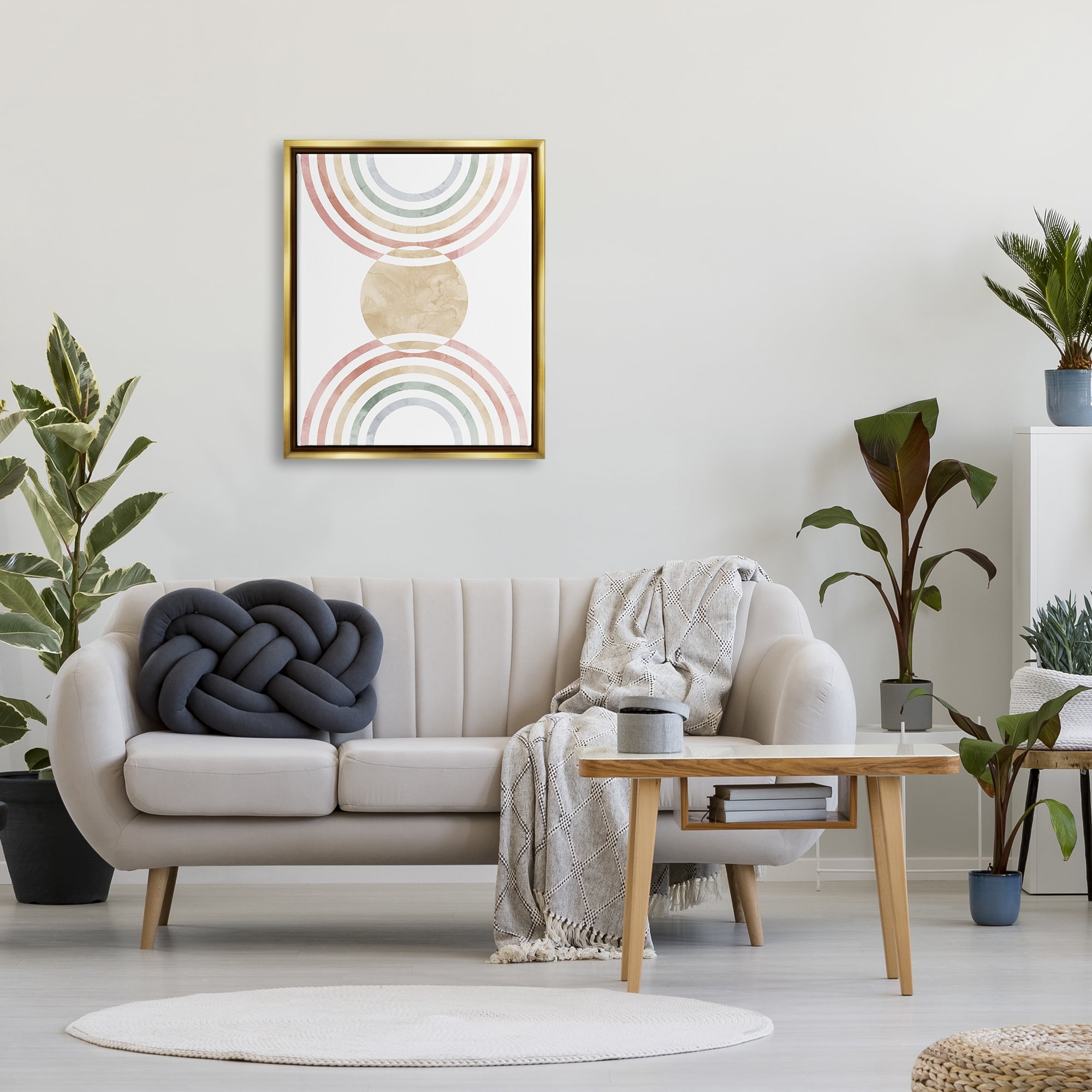 Stupell Industries Circle with Abstract Rainbows Abstract Painting Gold Floater Framed Canvas Art Print Wall Art, 25 x 31