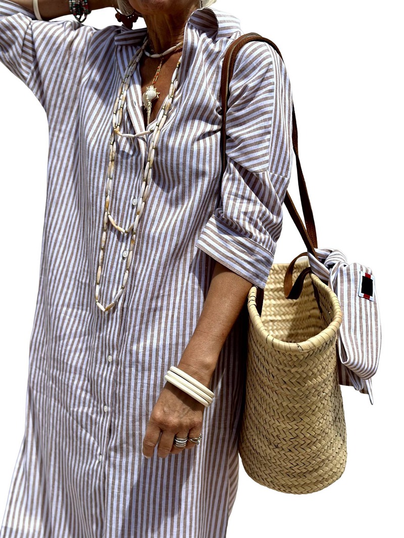 Women'S Shirt Dress Casual Lapel 3/4 Sleeve Button-Down Collar Slit Tie Resort Maxi Dress Brown S