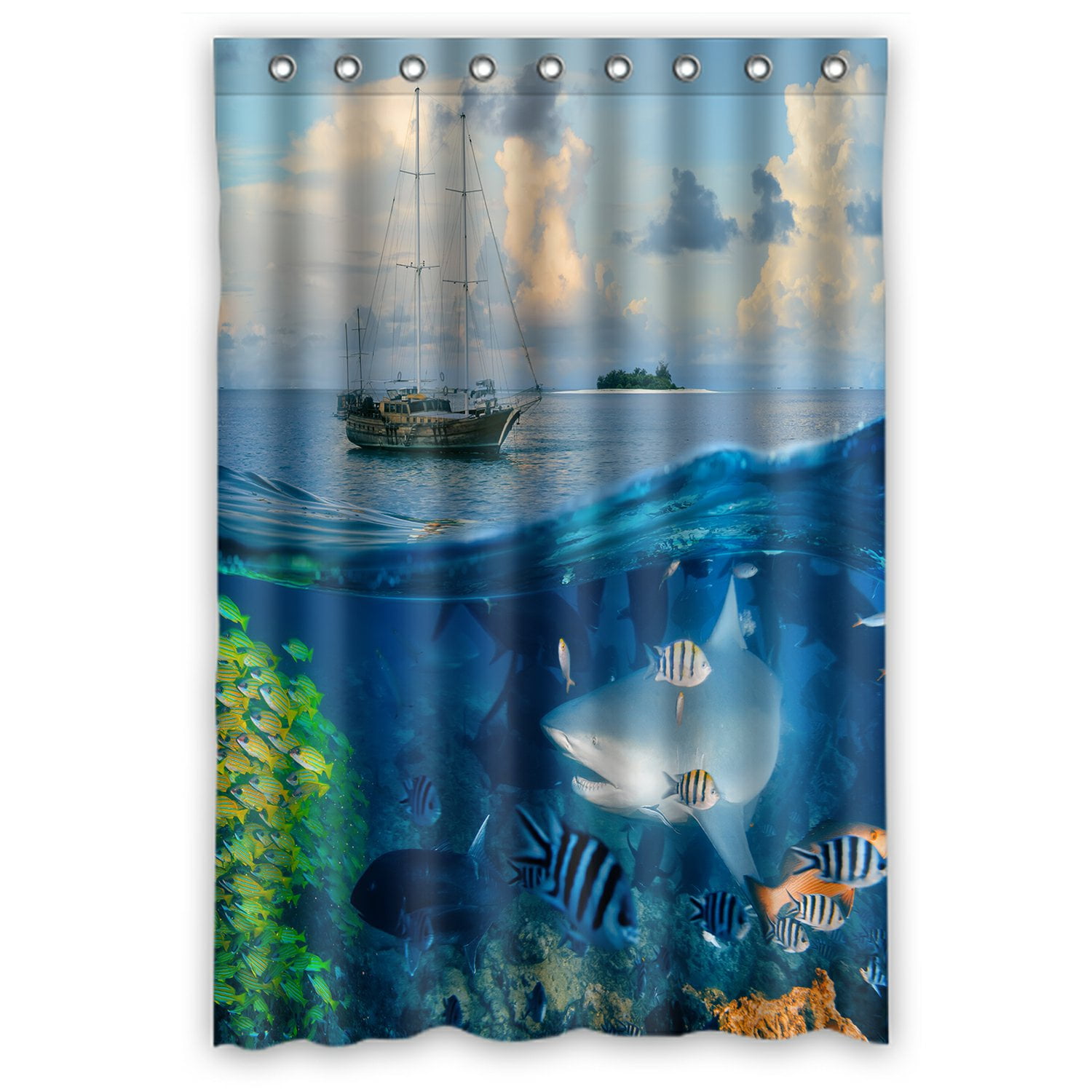 PHFZK Ocean Shower Curtain, Shark Fish Reef Underwater World Polyester