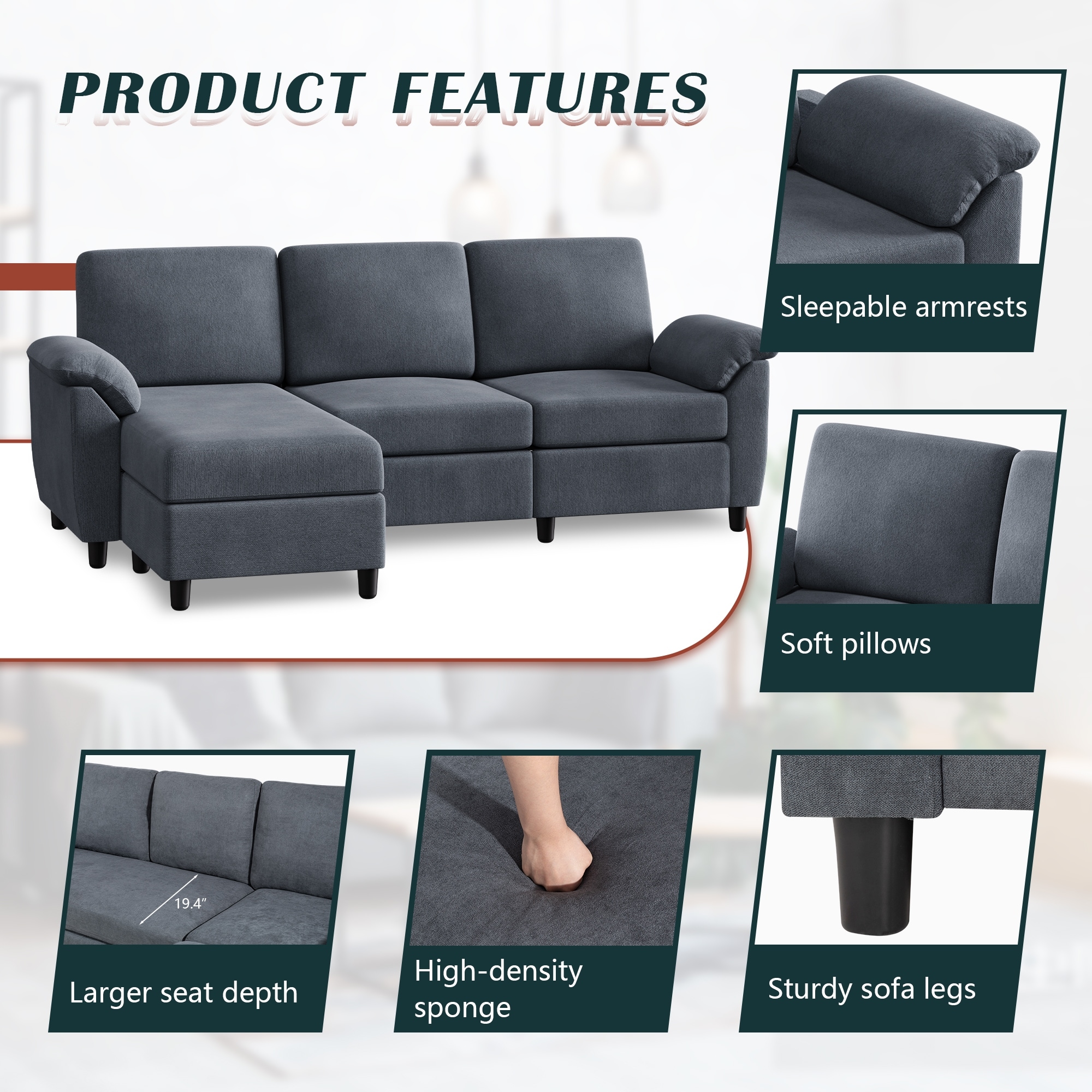 Futzca Sectional Sofa Couch, 3 Seat L Shaped Sofa with Removable ...