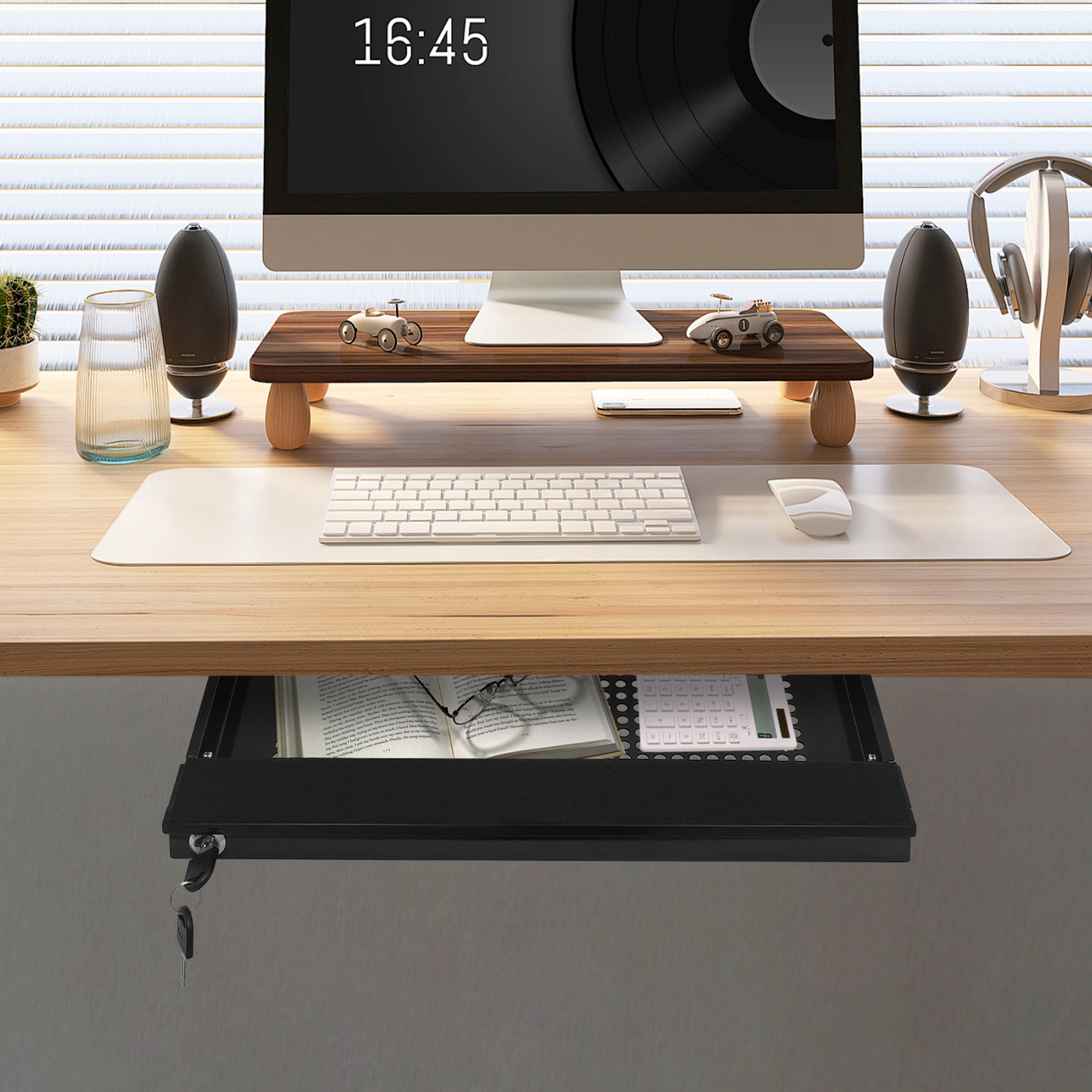 Sliding Pull-out Drawer Black Under-Desk Drawer Storage Organizer W/ 2* Keys for Installed Under The Table