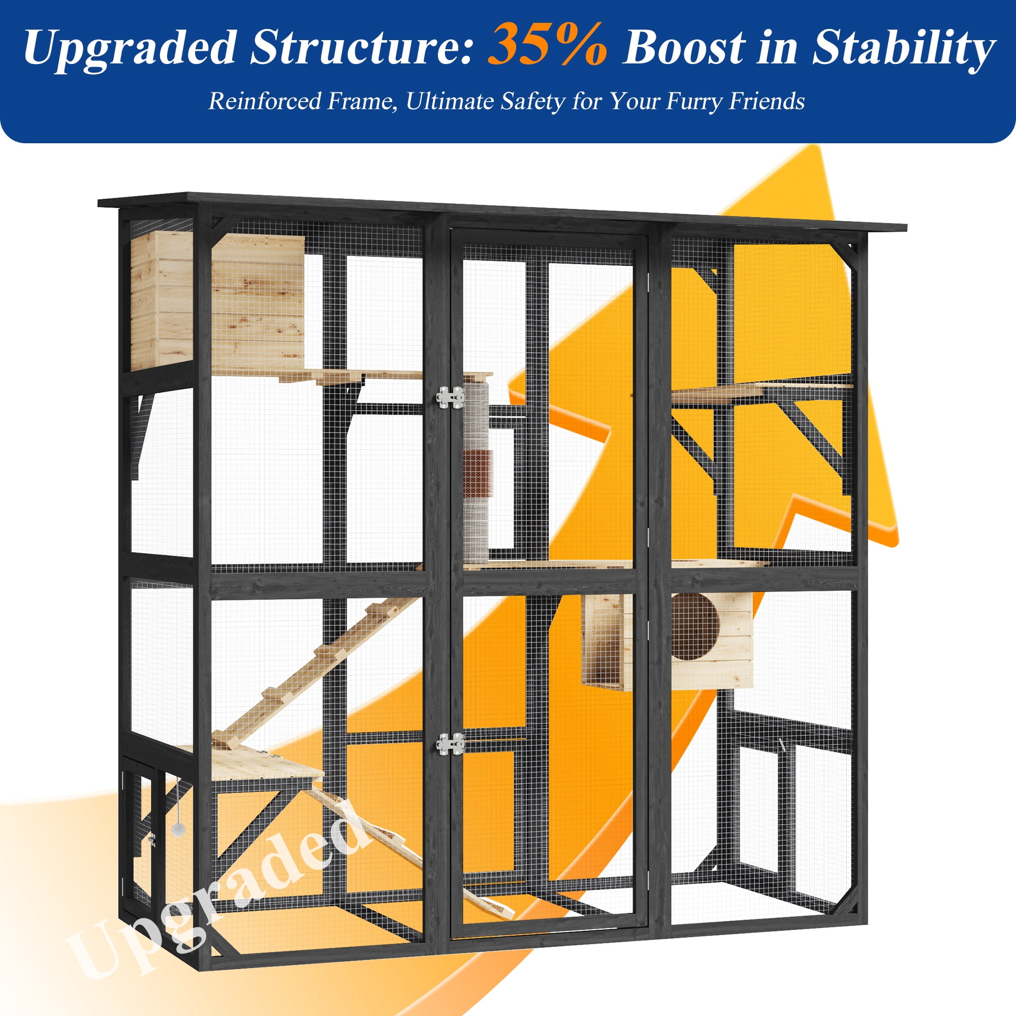 ANPOO 71''Luxury Walk-In Outdoor Catio, Large Wooden Cat Enclosure with Sloped Weatherproof Roof, Multi-Level Cat House with Cat Condo, Sisal Post & Ramps, Escape-Proof Cat Cage for Multiple Cats