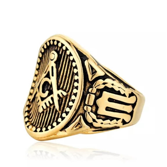 HOOUN Vintage Masonic AG Symbol Signet Ring Stainless Steel Men's Freemason Biker Ring-7-Gold