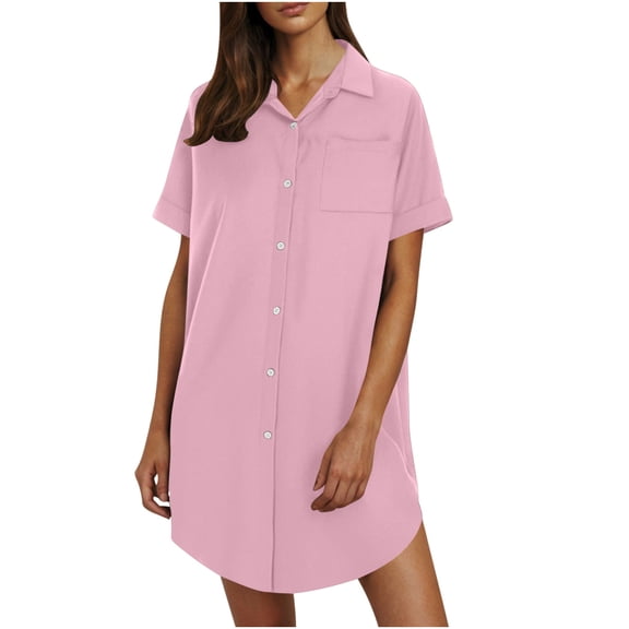 ZQUUVOU Women's Summer Shirt Dress Button Down Collared Mini Dresses Linen Short Sleeve Casual T-shirt Dress Pink
